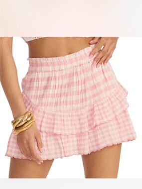 LoveShackFancy Pink Gingham Tiered Ruffle Mini Skirt